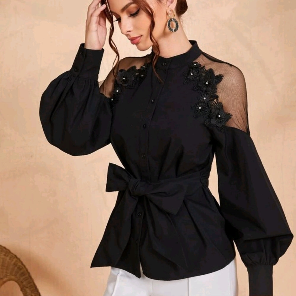 Mock Neck Pearl Beaded Appliques Belted Contrast Mesh Blouse - Picture 2 of 4